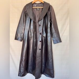 Vintage Long Leather Trench Coat Dark Brown Cinch Waist Leather Duster